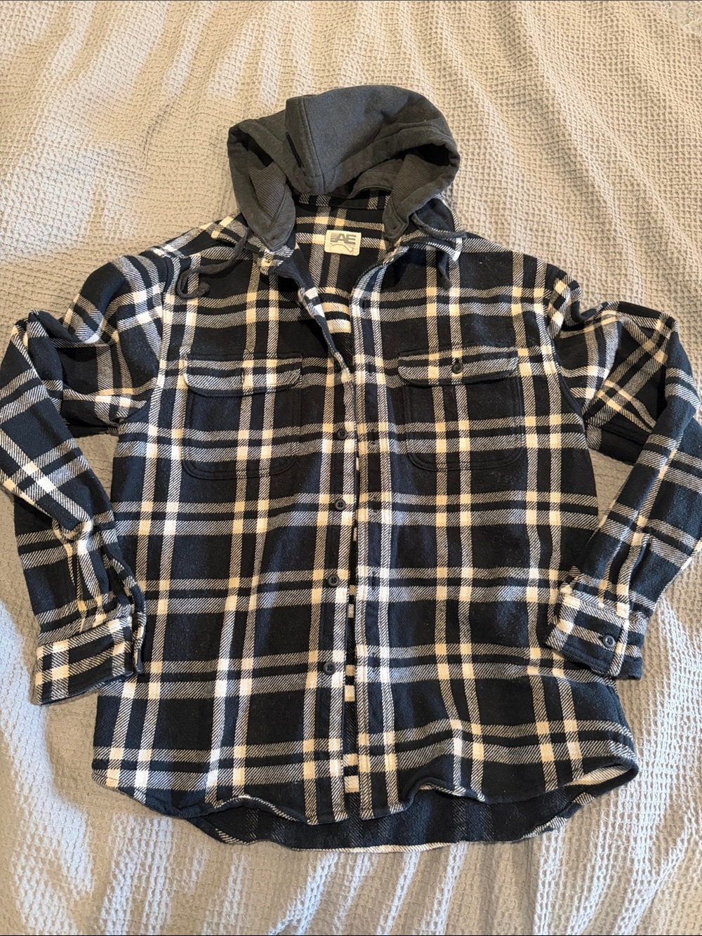 American Eagle Outfitters Black and White Plaid Hooded Button-Down jacket